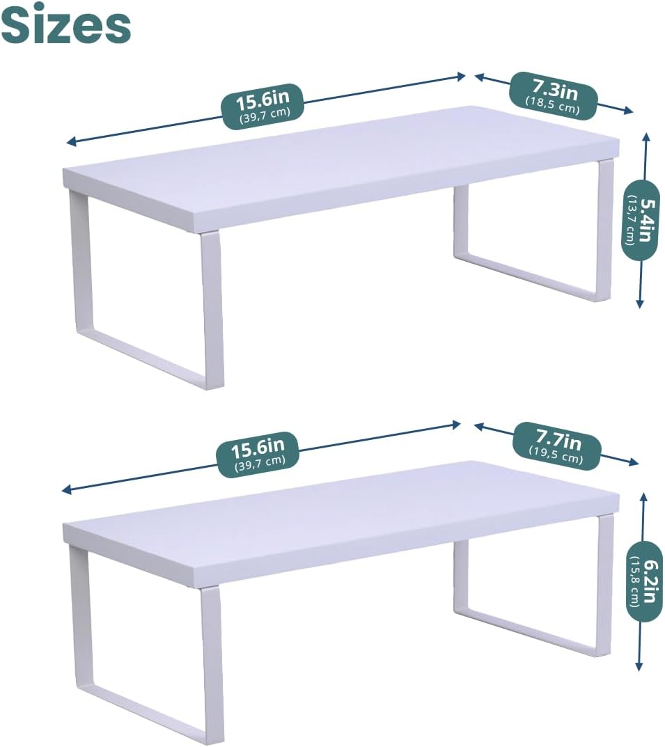 Sben Cabinet Organizer Shelf, Set of 2 Kitchen Counter Shelves, Kitchen Storage, Spice Rack, Stackable, Expandable, Metal and Engineered Wood, White