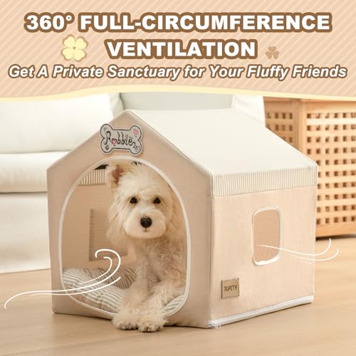 Jiupety Indoor Dog House with Frame, Cute Dog Tent Bed with Cover Cave, Breathable, Washable, and Foldable House, Suitable for 10-20 Lb Puppy and Cats, Medium (17"×17"×17"), Beige - Image 3