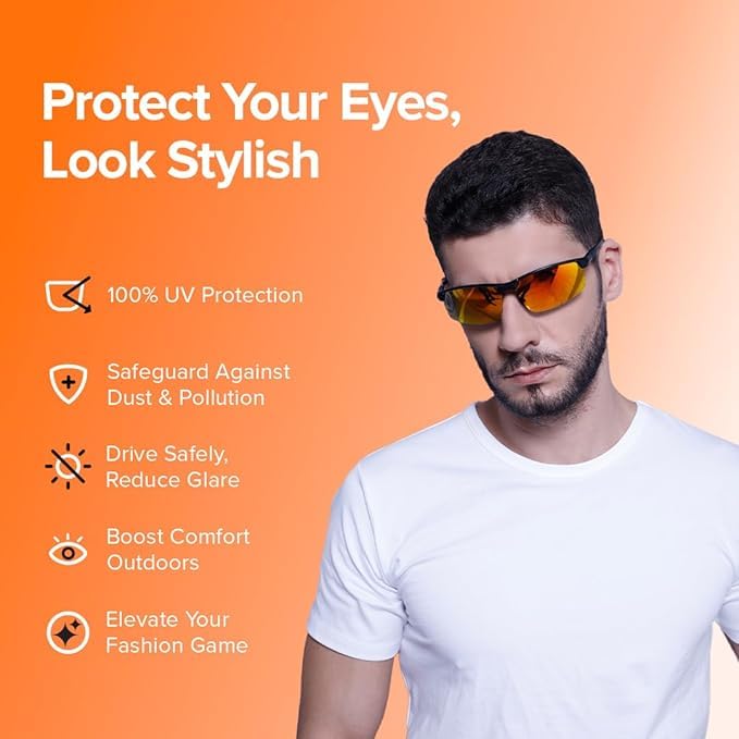 Image of Polarized Sports Sunglasses for Men | 100% UV Protection | Lightweight Polycarbonate Frame | Golden Lens Wraparound Style | Anti-Glare, Durable & Stylish Outdoor Goggles | Large Size