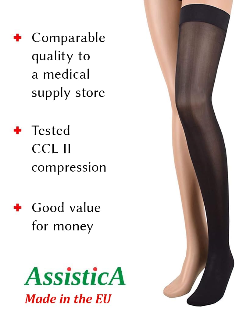 Calze Compressione Medicali Classe 2, 23-32 mmHg, Lunghe, Punta Chiusa, Autoreggenti, Donna & Uomo, Calze Contenitive CCL II per Varici (170-182 cm / Medium, Nero)