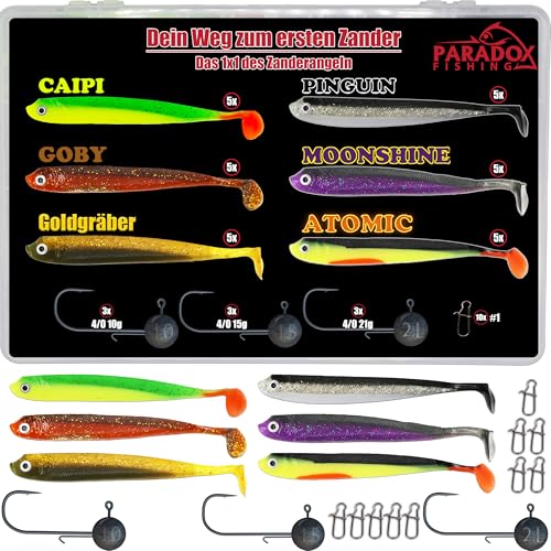 Paradox Fishing Zestaw startowy do sandacza, 30 gumowych ryb, 13 cm + 9 główek jigowych + 10 zatrzasków, przynęta na sandacze, gumowe ryby, przynęta na sandacze, gumowe ryby