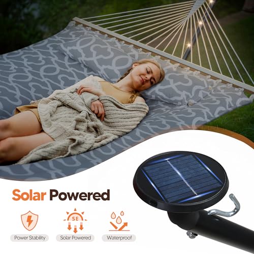 Image of SUNCREAT Hammocks Outdoor 2 Person Hammock with Solar Powered Lights, Double Hammock with 12 ft Stand Included, Light Gray