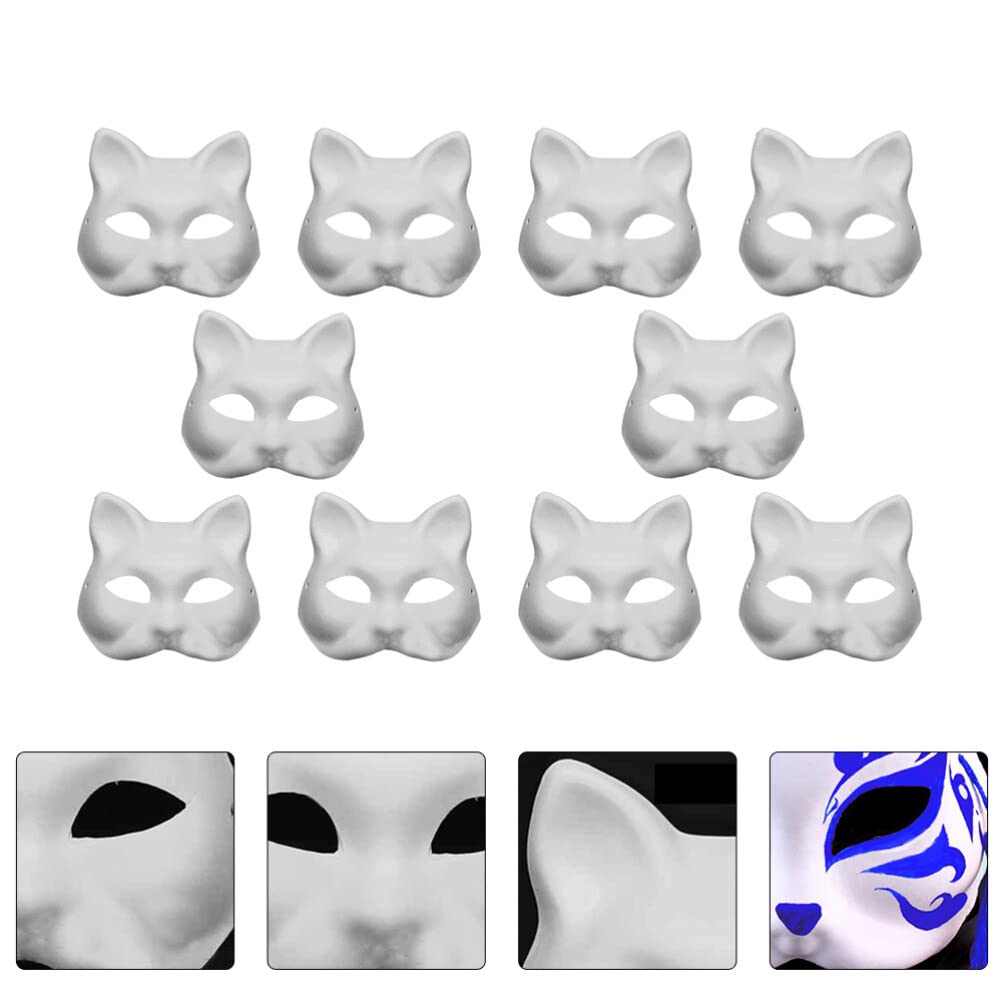 TOYANDONA Cat Mask, 10PCS Masks White Cat Masks Blank Unpainted Blank DIY Halloween Mask Animal Half Facemasks Masquerade Cosplay Party