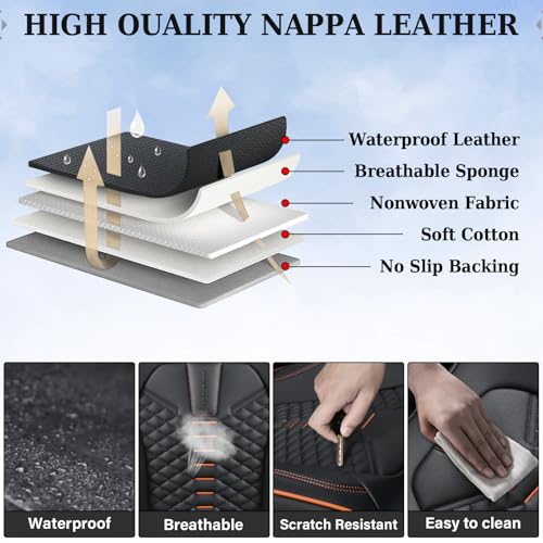 Image of Coverado Leather Seat Covers, Car Seat Covers Full Set, Nappa Leather Seat Covers for Cars, Car Seat Protectors Waterproof, 5 Seats Black&Orange Automotive Seat Covers Fit for Most Cars Trucks