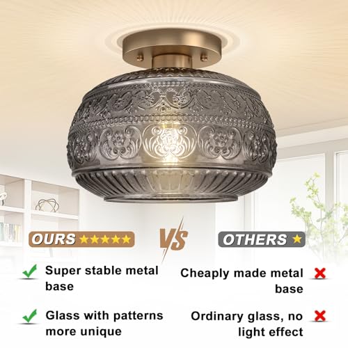 Semi Flush Mount Ceiling Light Fixture, 11" Vintage Gold Hallway Lights Fixture Ceiling with Grey Glass for Kitchen, Hallway, Bathroom and Entry Way,Compatible with E26 Light Bulb