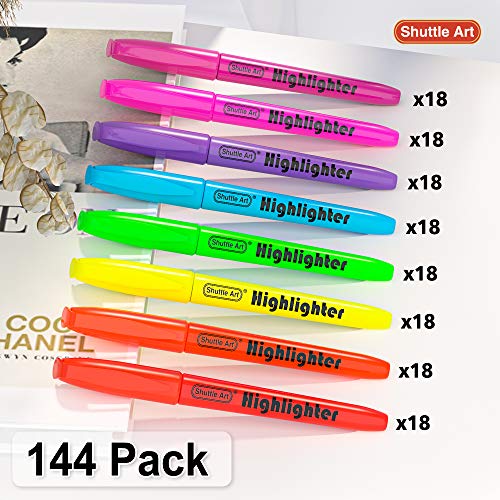 Shuttle Art 144 Pack Highlighters, Highlighters Assorted Colors Set, 8 Bright Colors Chisel Tip Highlighter Markers Bulk For Kid And Adult Coloring, Highlighting As School Supplies #TOP1