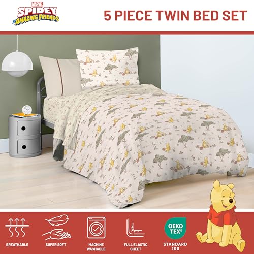 Image of Jay Franco Kids Bed Set, Beige, Winnie The Pooh, 5 Piece Twin | Cozy Soft Bedding for Stylish Room Decor with Comforter, Sheets & Pillow Covers