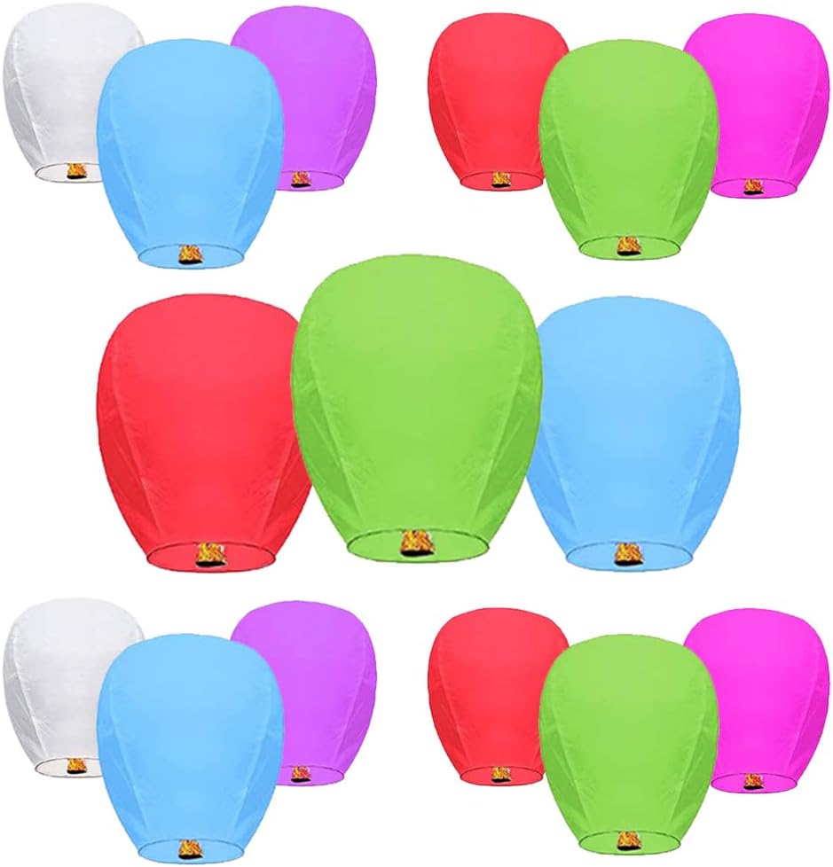 Chinese Sky Lanterns (15 Pack) 100% Biodegradable No Assembly Required - Fire Resistant Paper Lanterns Beautiful Lantern for Weddings, Birthdays, Parties,Memorials (Multi Colors)