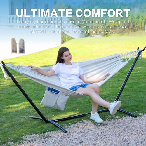 Image of PNAEUT Double Hammocks with Stand for Outside, Portable Space Saving Heavy-Duty Steel Stand for Indoor Outdoor Patio with Carrying Bag, 450 lbs Capacity (Beige)