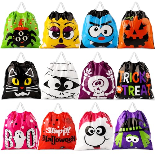 HOIIOH 96 Pcs Halloween Goodie Bags Bulk, 12 Designs 6x6 Inch Mini Drawstring Treat Bags for Kids, Trick or Treat Party Favors, Classroom Prizes Halloween Supplies