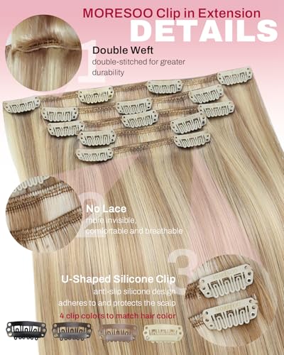 Image of Moresoo Clip in Hair Extensions, Beige Blonde Highlight for Short Hair | Clip in extensions real human hair, 10 inch 80g 5pcs, highlights warm beige with light gold blonde