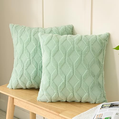 Volcanics Pack of 2 Faux Wool Throw Pillow Covers 20x20 Inches Decorative Farmhouse Velvet Couch Pillow Case Soft Plush Square Boho Cushion Pillowcase, Sage Green