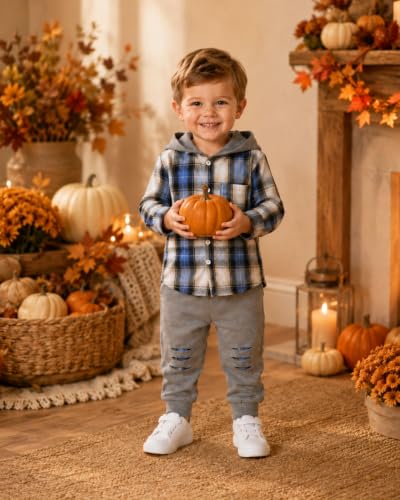 Image of Renotemy Toddler Baby Boy Clothes Winter Hoodie Flannel Boys Outfits 12M-4T | Toddler Boys Outfits,Fall Winter Long Sleeve Hoodie Sweatshirt Clothes Set,Infant Boys Flannel Plaid Top Ripped Pants Set