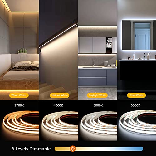 Image of COB LED Strips 2700K-6500K,16.4ft Dimmable Ultra Bright Flexible White LED Strip Lights, 6000LM Tape Lights Kit, CRI 90+, DC 24V LED Lights for Bedroom, TV Backlight, Kitchen, DIY Lighting