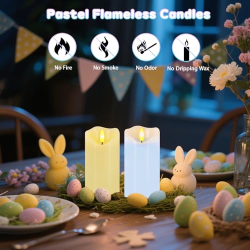 Image of Flameless Candles Light, Set of 2 6 inchx3 inch Flickering Pastel Spring LED Candles with Remote & Timer, Dimmable Real Wax Easter Pillar Candles Battery Operated for Home Spring Easter Decor (Blue Yellow)