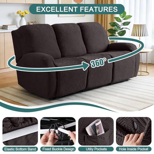 Image of Ruaozz Recliner Sofa Covers Recliner Chair Covers Couch Covers for Reclining Couches with Pockets Washable Furniture Protector with Elastic Bottom (3 Seater, Chocolate)