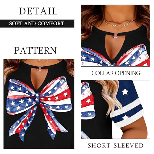 Image of Ithalt Plus Size American Flag Shirt Women Bow T Shirt 4th of July Shirts USA Patriotic V Neck Tees for Independence Day
