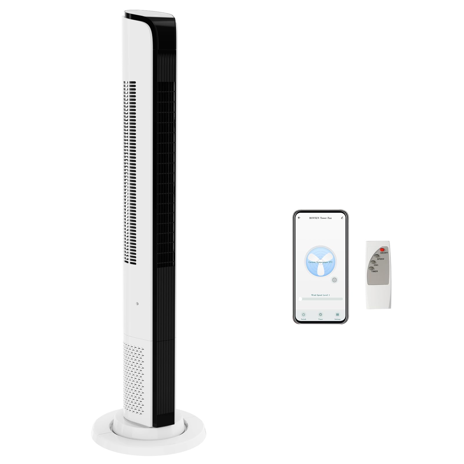 ROVSUN Ventilatore a Torre Silenzioso 40 dB, Potente 7.6 m/s, Ventilatore Colonna con Telecomando, 3 Velocità, 3 Modalità, Oscillazione 60°, Timer 12 H, Electric Fan 65 W