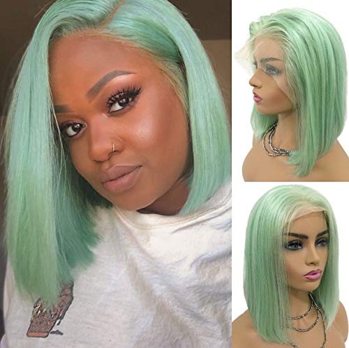 Bob Wigs Lace Front 13x4 Pre Plucked Remy Human Hair Mint Green Silky Straight with Baby Hair Forehead 8 inch Full End Bleached Knot for Black Woman 180% Density
