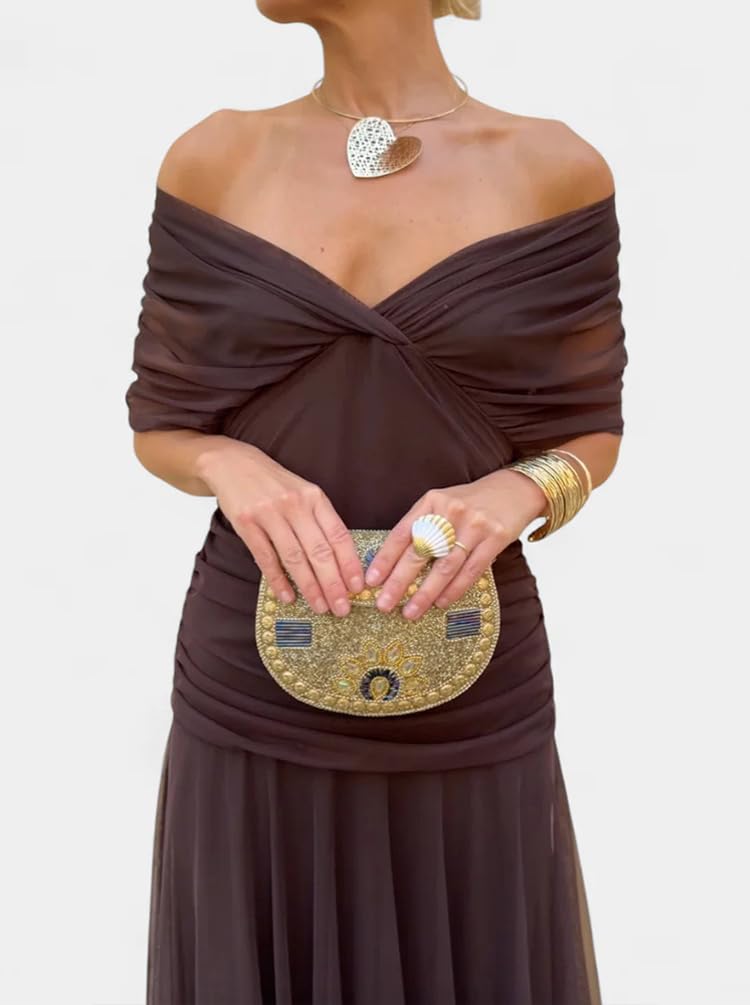 Minetom Robe de Soirée Femme Elegante Col en V Manche Courte Robes de Cocktail Cérémonie Mariage Longue