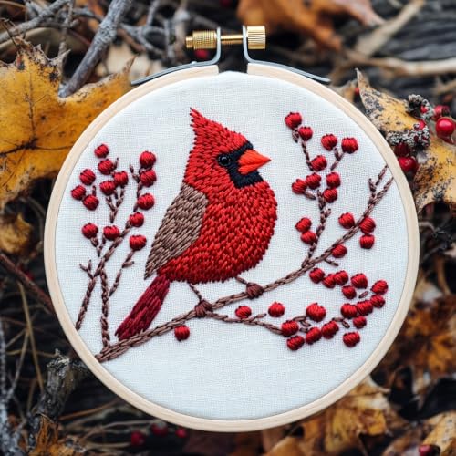 DIY Punch Needle Kits for Beginners Red Cardinal on Red Berry Tree with Hoop Embroidery Punch Needle Starter Set Easy for Adults and Kids Festival Gift and Decor 20x20cm