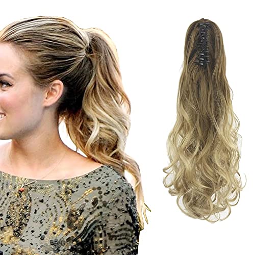 iLUU - Extensiones de pelo de cola de caballo de fibra resistente al calor con clip de garra ondulada y rizada larga de 24 pulgadas (130g, rubio oscuro/rubio claro) Cover