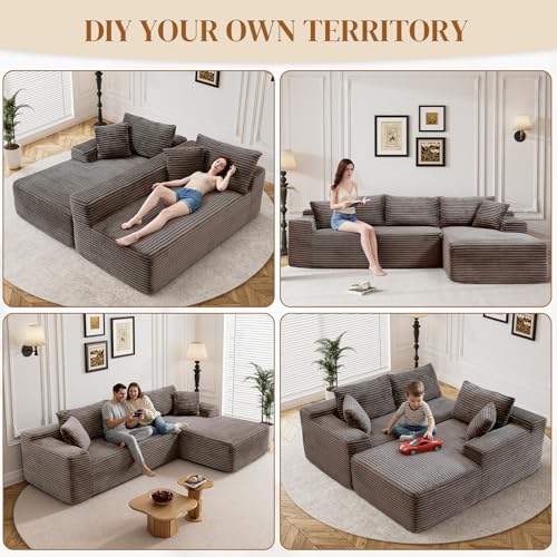 Image of 95 inch L Shaped Boneless Sectional Couches, Wide Armrest, Deep Seat, Memory Foam, Assembly Free, Modern Comfy Corduroy Fluffy Cloud Sofa with Right Chaise for Living Room, Small Spaces, Brown