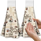 CUTHOLLOW Coffee Retro Kitchen Towels with Hanging Loop, Set of 2 - Soft & Super Absorbent Microfiber Decorative Tea Towels, Hook Hand Towel for Bathroom Laundry Room Decor