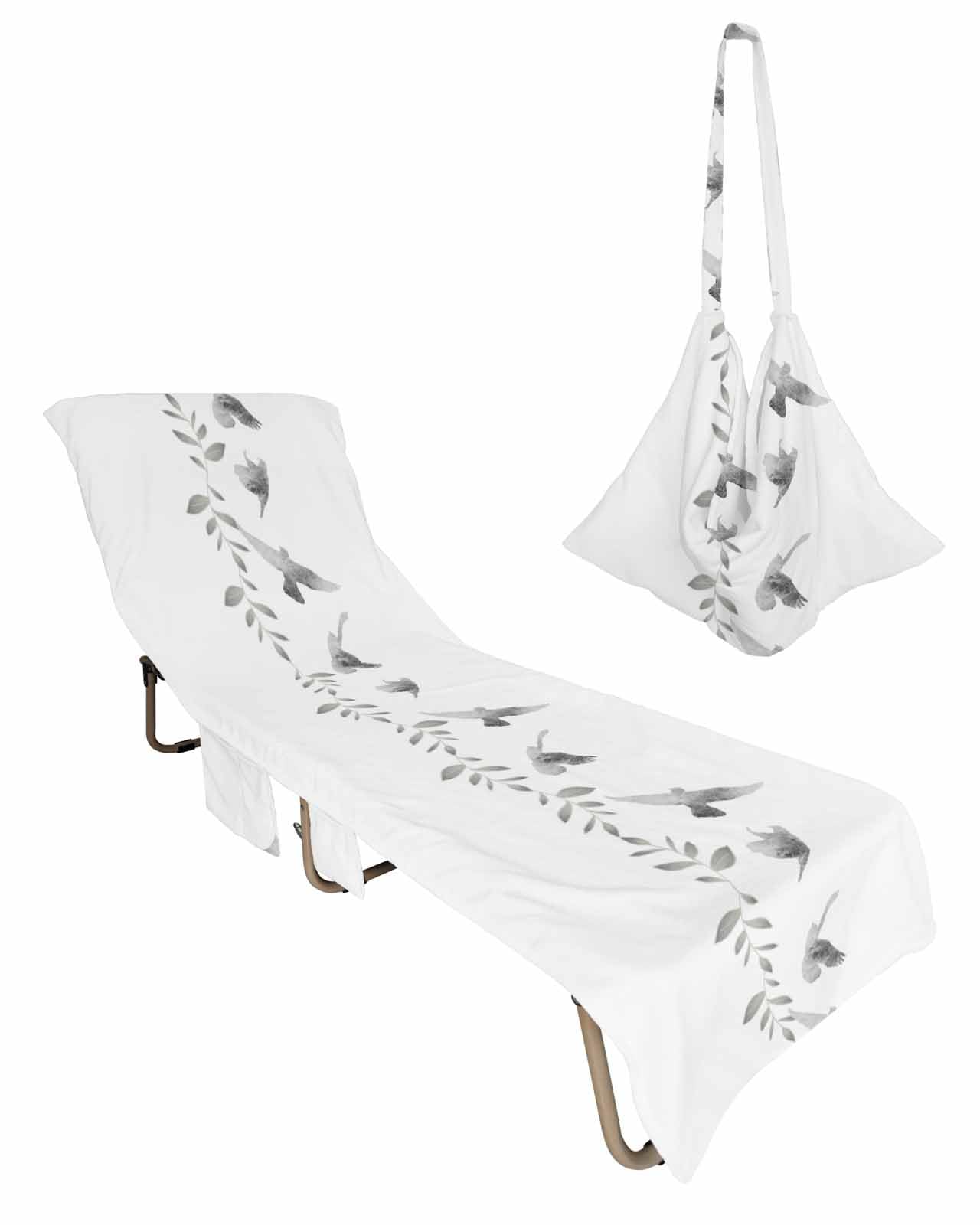 Tree Leaves Birds Beach Chair Towel Covers for Chaise Lounge with Side Pocket, Soft Plush Pool Towels Cover for Patio Sunbathing Outdoor 29''x85'' Spring Botanical Summer Animal