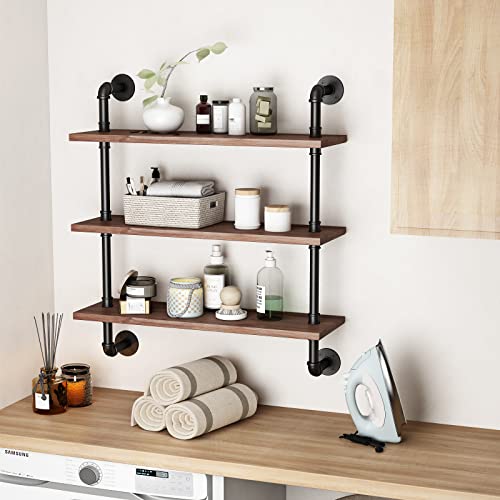 Bosuru Industrial Pipe Shelving Rustic Wood Floating Shelves 3 Tiers Modern Wall Mount Bookshelf(Black,32 Inch) #TOP6