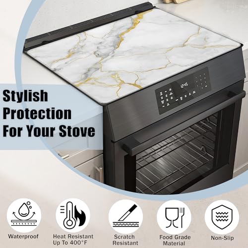 Image of White Gold Marble Stove Top Covers for Electric Stove,Modern Glass Top Stove Cover, Heat Resistant Range Covers for Electric Stove,Washable Countertop Mat, 28 x 20 Inch