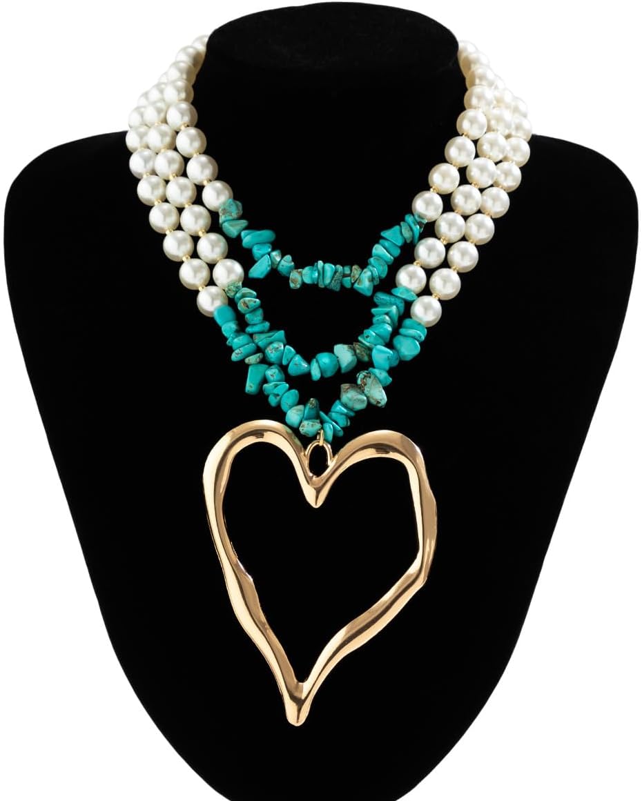 Chargances Boho Large Love Heart Pendant Necklace Layered Pearl and Turquoise Chain Choker Fashion Jewelry for Women - Image 5