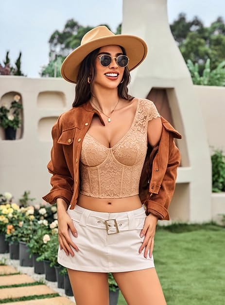 Avidlove Corset Tops for Women Floral Lace Bustier Cap Sleeve Crop Top Sexy V Neck Going Out Outfit with Buckle - Image 4