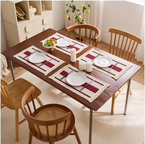 Image of HomeCloud Croshia Woven Table placemat - Heat Resistant, Washable Table Decoration for Dining, Office, Kitchen, Hotel, and Home (Rec White Maroon, Set of 6)