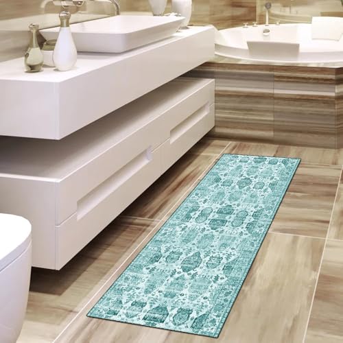 Alfombra lavable para pasillo con base antideslizante cian boho 90x200 4