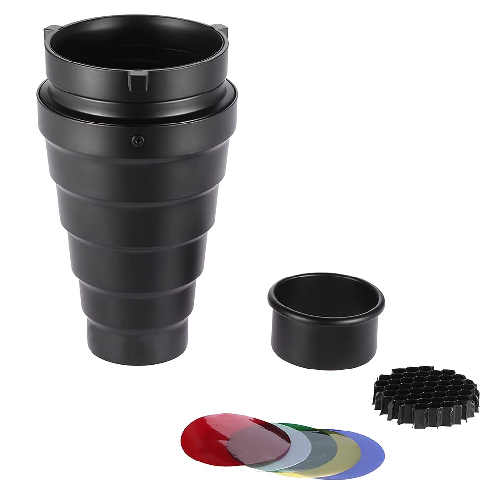 Metalowy stożkowy snoot z siatką o strukturze plastra miodu 5 szt. zestaw kolorowych filtrów