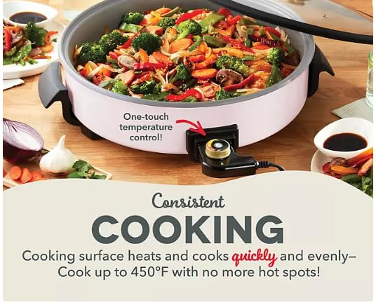 Electric Skillet with Glass Lid, 14-Inch Ceramic Nonstick Surface, 4-Quart Capacity (Pink)