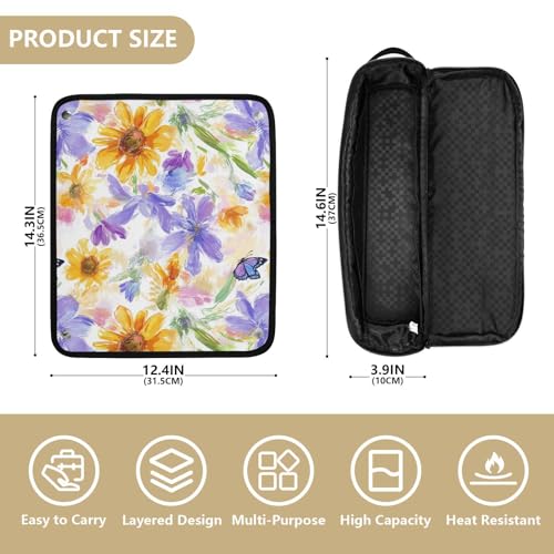 Bolsa de viaje para herramientas de cabello con flores amarillas y moradas, resistente al calor, con cierre para planchas de pelo, rizadores y secador miniatura 4