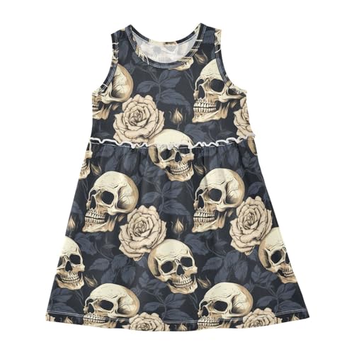 ALAZA Sugar Skull Leaves Halloween Girls Toddler Casual Dress for Summer Sleeveless Dresses Sundress 2-8 Years