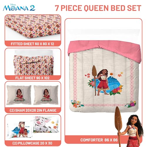 Image of Disney Moana Queen Comforter Set 7 Piece Kids Bedding for Girls, Beige | Bed in a Bag, Comforter Sheets Shams Pillowcases, Official Brand, Soft Microfiber, Machine Washable, Girls Gift
