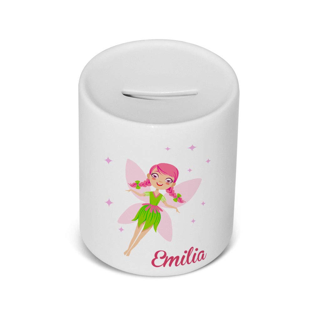 Active Decor PERSONALISED Printed Ceramic, children’s Piggy Bank/Money Saving Box Pink Fairy Design