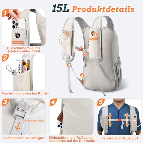 BECOJADDE 15L Wanderrucksack Herren Kleiner Rucksack Damen Leichter Daypack Tagesrucksack Faltbarer Trekkingrucksack für Camping Outdoor Wandern Travel Beige