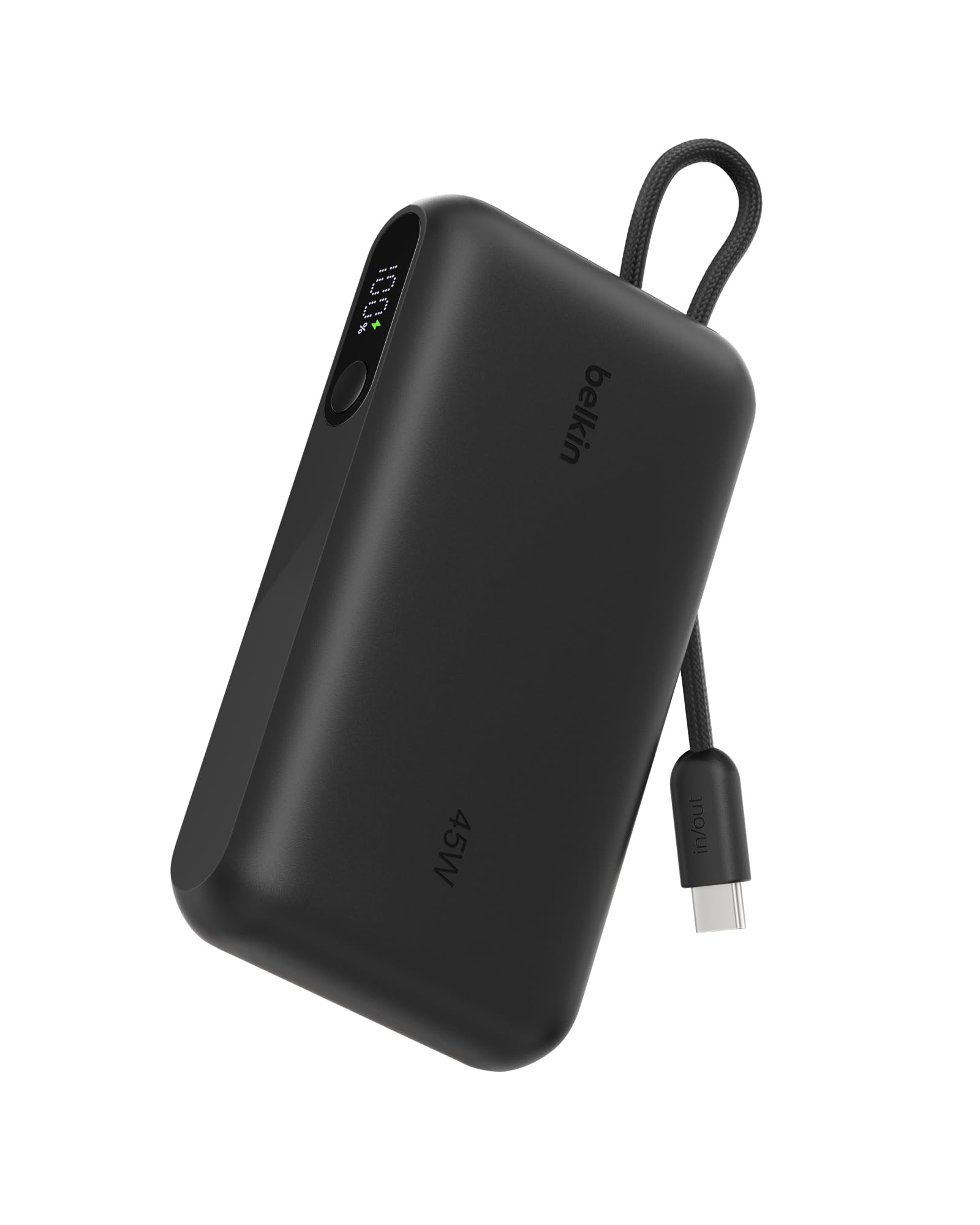 Belkin UltraCharge Power Bank 10000mAh con Cavo USB-C e Display - Nero | Caricatore Portatile 10000mAh, Ricarica 3 dispositivi (1 USB-C, Cavo USB-C Integrato, 1 USB-A), 45W, Pre-Caricato, Display