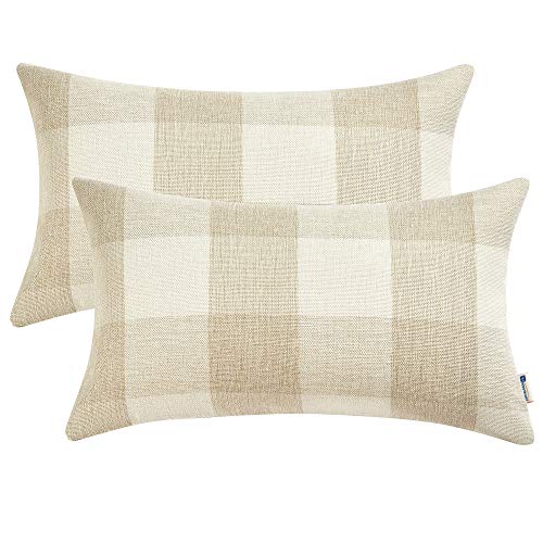 Anickal Set of 2 Beige and White Buffalo Check Plaid Lumbar Oblong Rectangle Throw Pillow Covers Farmhouse Decorative Pillow Covers 12x20 Inches for Farmhouse Home Decor