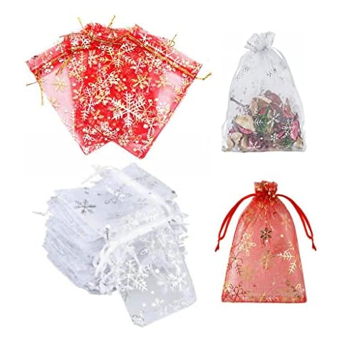 AILINDA 100Pcs Snowflake Organza Gift Bags Pouches Drawstring Christmas Gauze Bags Jewelry Pouches for Xmas New Year Party Favors Supplies(Red and White), 10x15cm Cover