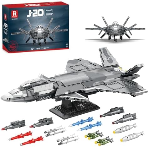 Reobrix 33025 J-20 Stealth Fighter Model Building Kit, Fighter Jet Building Block Set, Military Toy Gift for Teens and Adults, 1911 PCS