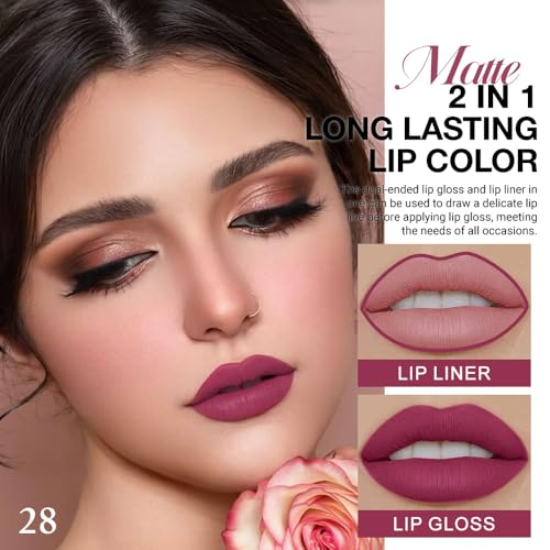 Image of evpct 1Pcs Rose Plum Neutral Matte Lip Liner and Liquid Lipstick Stain Makeup Set for women, Rose Long Lasting Smudge Proof Lipstick labiales matte mate larga duracion listip 24 hours originales, 28#