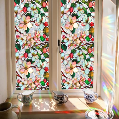 Image of JOONOR Crabapple Blossom Flower Sunroof Film Floral Rainbow Effect Static Clings Window Privacy Film Sun Protection Stained Glass Decals for Car Moonroof & Side Windows, 17.72 x 35.43 Inch