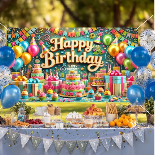 Image of Happy Birthday Backdrop Banner 70.8 x 43.3 Inch, Colorful Balloon Cake Pennant Flag Festive Party Decorations for Kids Boys Girls, Fun Photo Booth Background with Hanging Rope