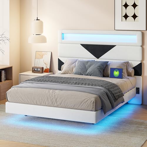 Cama doble tapizada de 140 x 190 cm, con iluminación LED, cama flotante con cabecero combinado gratuito y conector USB tipo C, moderna cama juvenil con somier, terciopelo, sin colchón (B, 140 x 190 cm